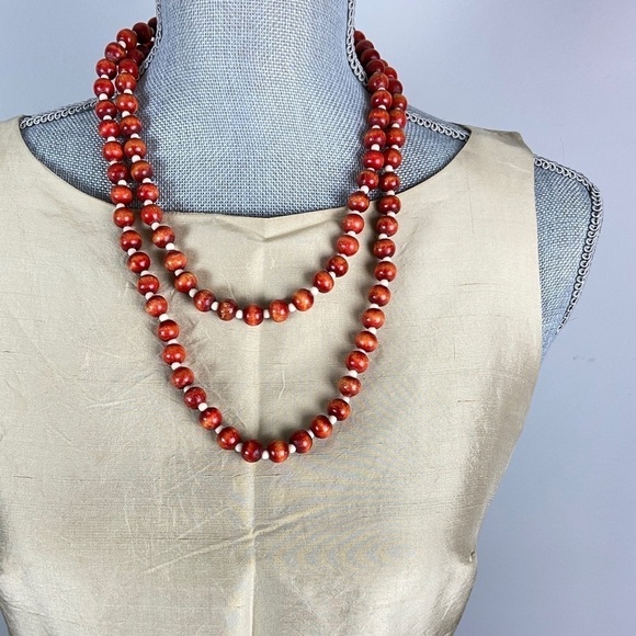 Vintage wood bead long strand necklace orange brown tone. - Picture 1 of 7